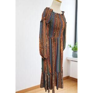 Flying Tomato Boho Cottagecore Long Sleeve Midi Dress – Smocked Waist – Size M